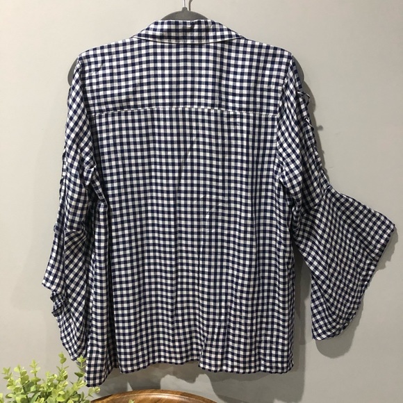 Jessica Simpson Michi Gingham Tie Bell Sleeve Sz L dk blue&white - Picture 5 of 6